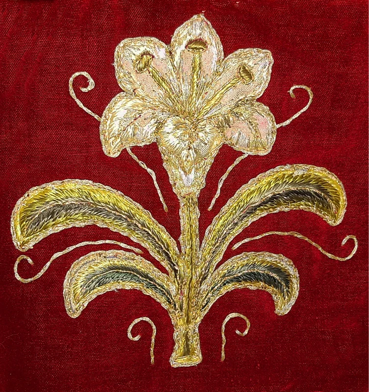 Detail red altar cloth lily