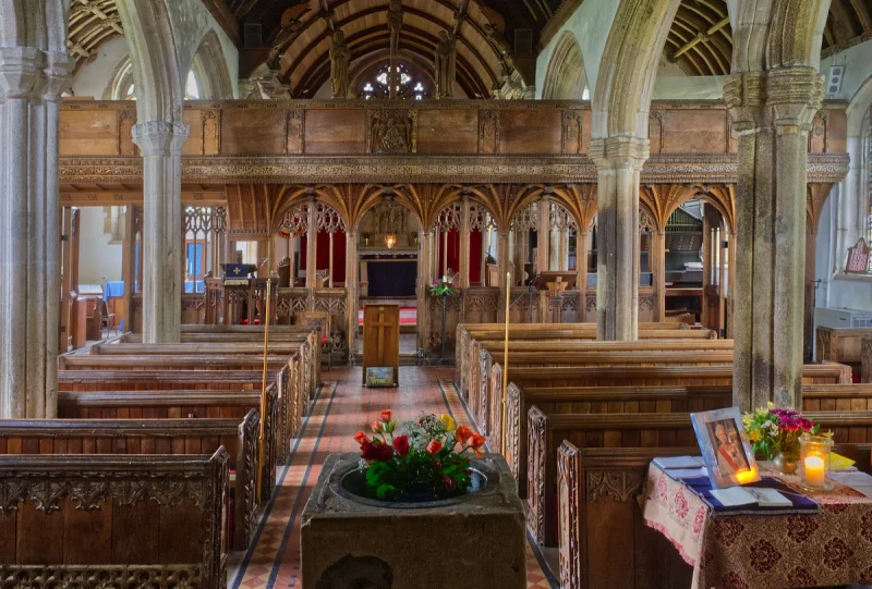 Looking down the nave – St Thomas of Canterbury Church, Northlew Devon